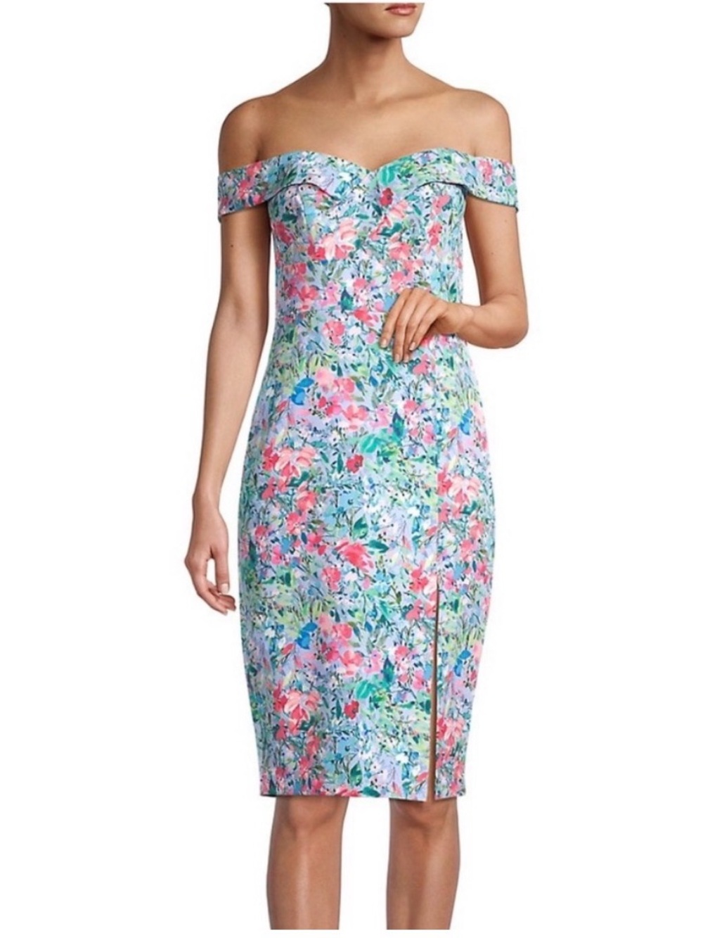 Aidan Mattox Floral Off the Shoulder Midi Cocktail Dress | 6